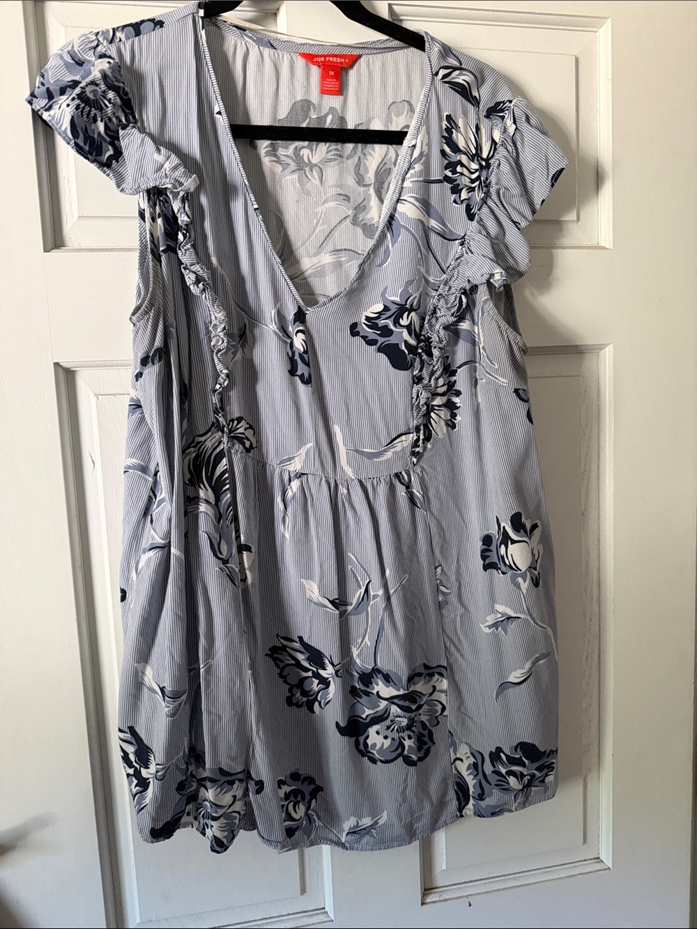 Joe Fresh Light Blue Floral V-Neck Ruffle Top